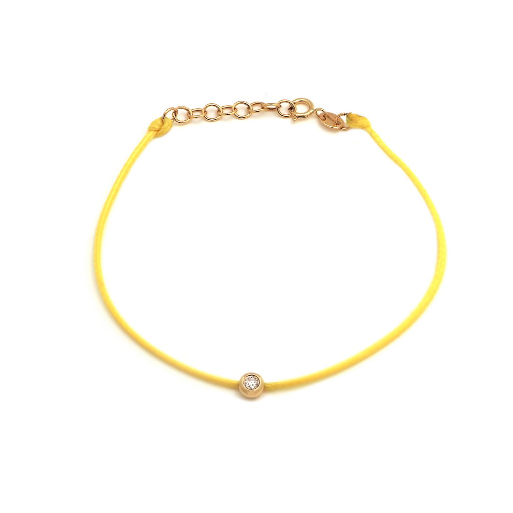 14K Solid Yellow Gold Diamond Bezel Leather Cord Bracelet