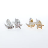 14K Solid Gold CZ Star and Moon Mismatched Studs