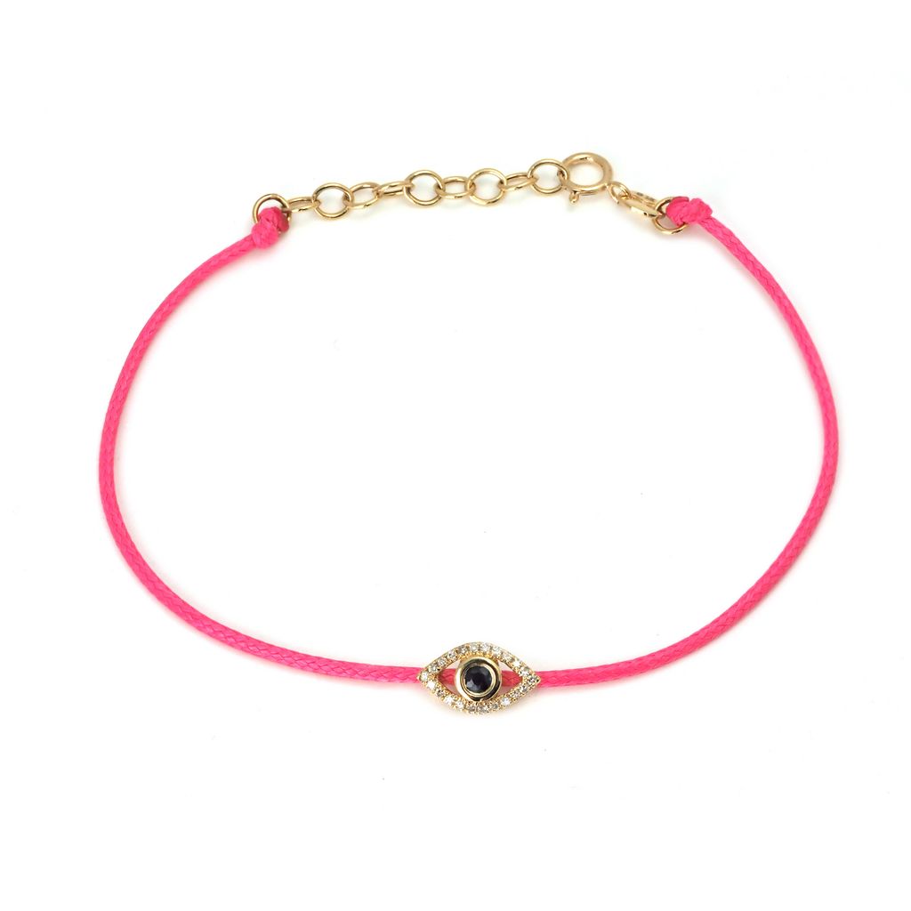 14K Solid Yellow Gold Diamond and Sapphire  Evil Eye Leather Cord Bracelet